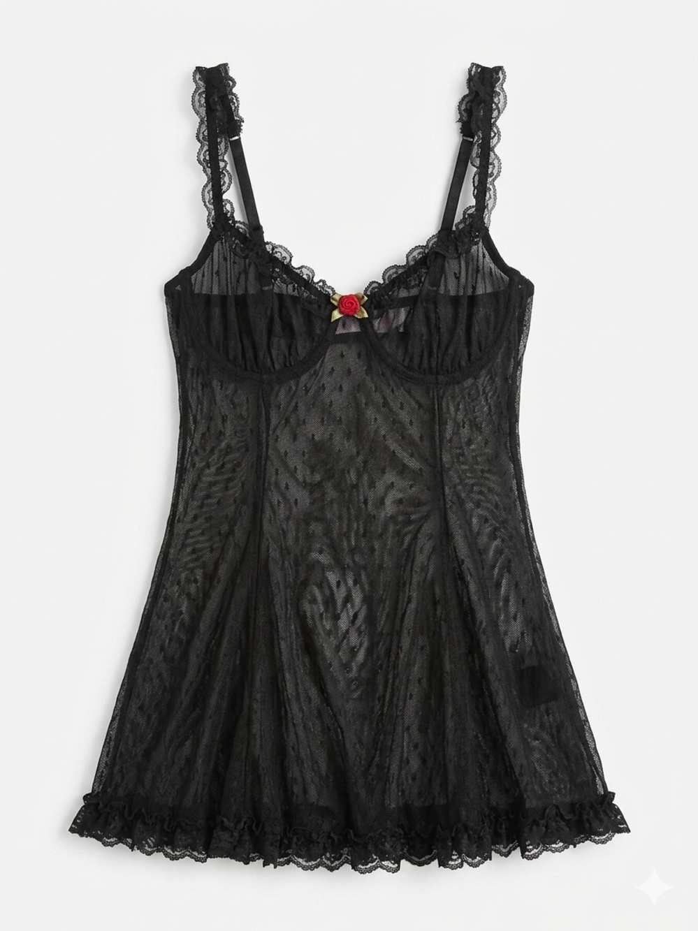 Vtg Y2K Victoria's Secret Black Sheer Swiss Dot Mesh Babydoll Slip Rose M